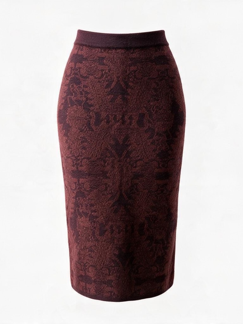 Peruvian Connection Alpaca Wool Knit Midi Pencil Skirt Damask Burgundy Plum XS